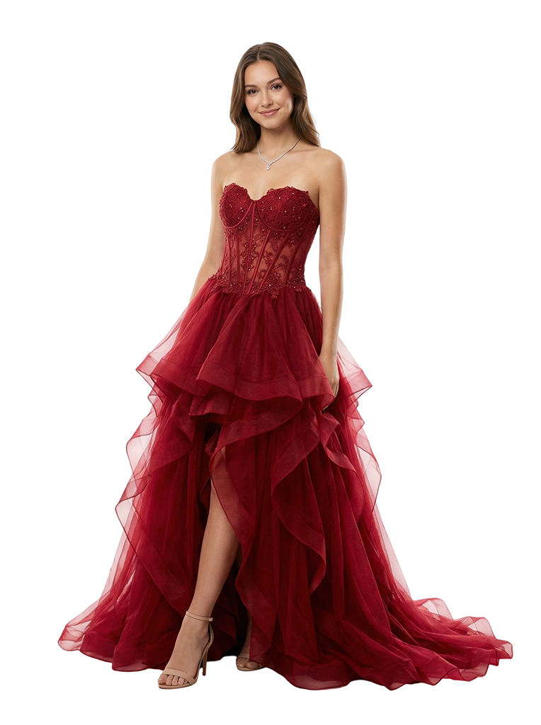 Strapless Lace Beaded A-line Sweetheart Long Party Prom Dresses