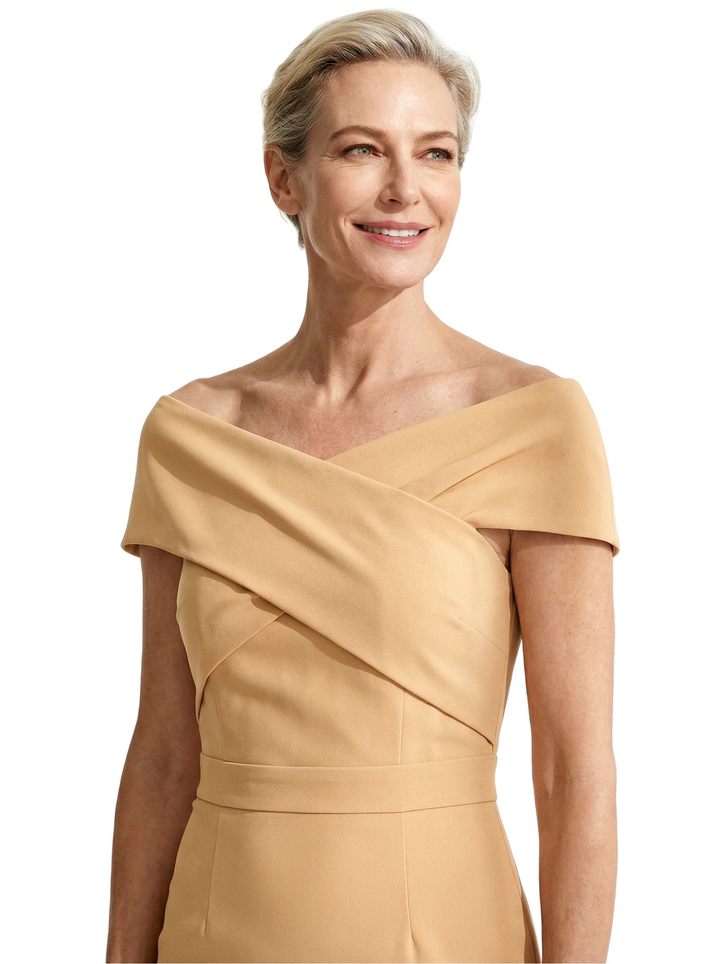 Chicsew Mother of The Bride Dress Classy Off Shoulder Crepe Sheath Midi Gown Modern Wrap Detail