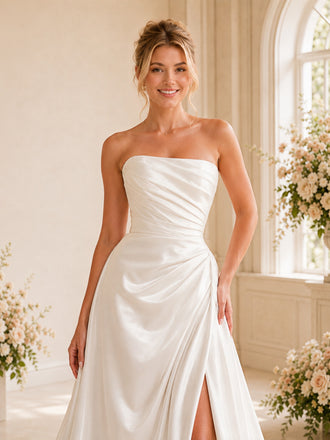 ChicSew Elegant Strapless Side Slit Ruching Satin A-Line Long Wedding Dresses