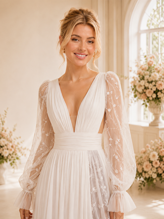 ChicSew Sexy A-Line Chiffon Long Sleeves Deep V-Neck Wedding dresses Online