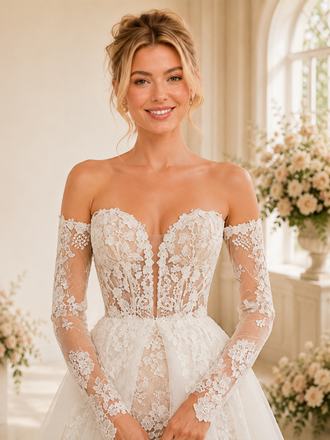 ChicSew Romantic Off The Shoulder Lace Wedding Dresses With Overskirt And Long Train