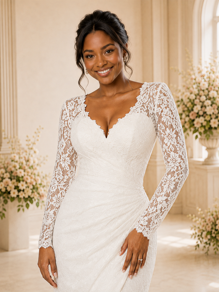 ChicSew Romantic V-Neck Strapless Long Sleeves Mermaid Lace Maxi Wedding Dress