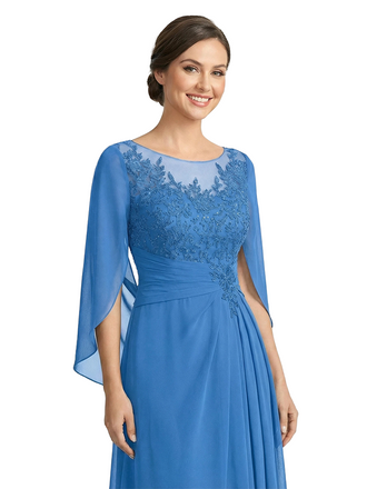 ChicSew Illusion Neck Cape Sleeve Lace Applique Ruched A-Line Long Chiffon Elegant Mom Of The Groom Dresses