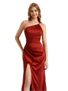 Modern One Shoulder Silky Satin Mermaid Long Bridesmaid Dresses Side Split