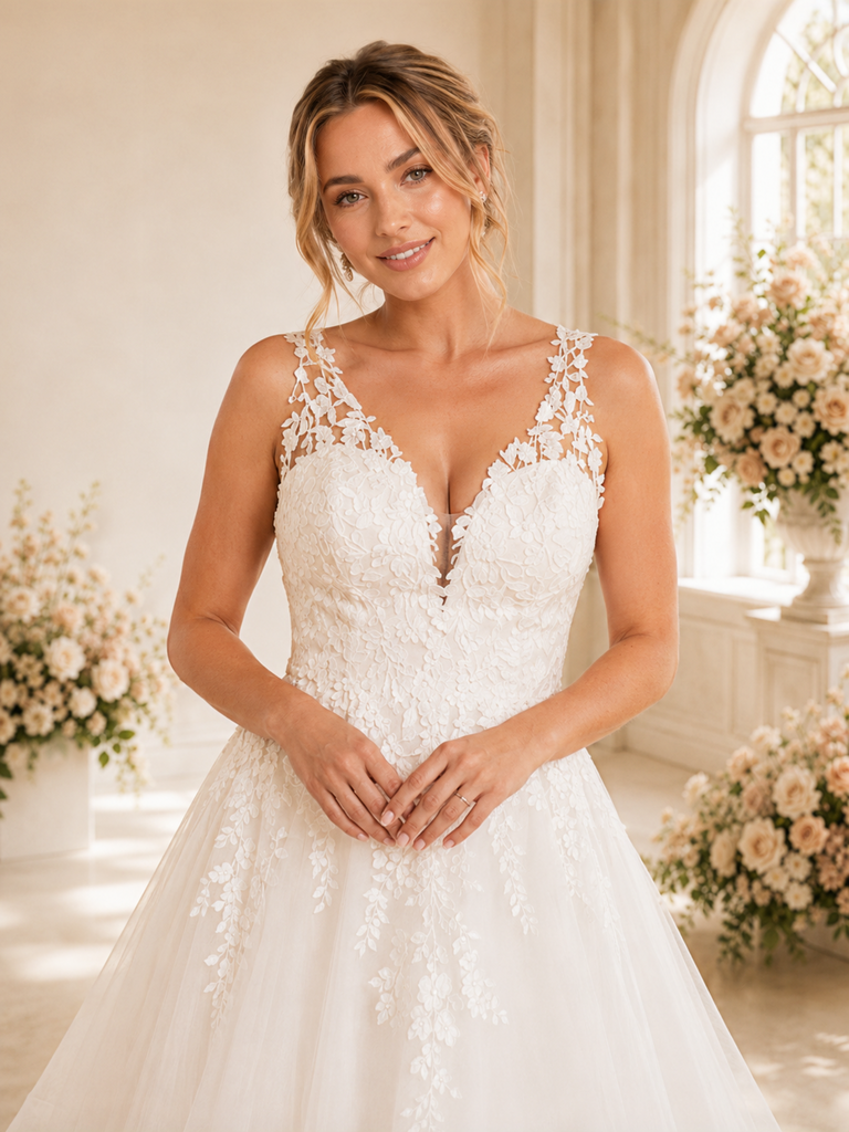 ChicSew Fancy Spaghetti Straps Tulle Lace Appliques A-Line Long Wedding Dress