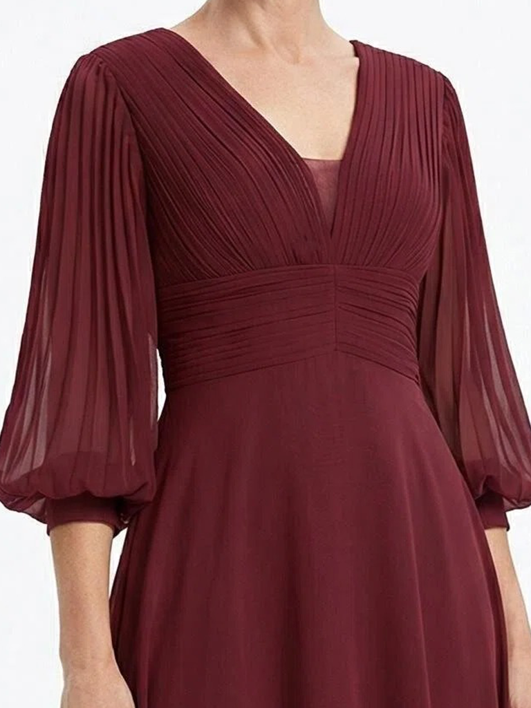ChicSew V-Neck Pleated Chiffon Mother Of The Groom Dress With Long Lantern Sleeves A-Line Midi