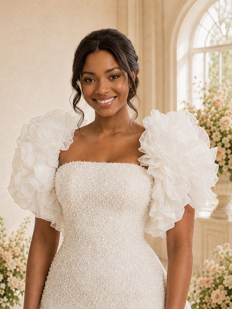 ChicSew Unique Strapless 3D Puff Sleeves Squain Beaded Tulle Sheath Mini-Length Wedding Dress