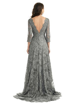 Elegant V-Neck 3/4 Sleeves Lace Chiffon A-line Floor-Length Mother of The Bride Dresses