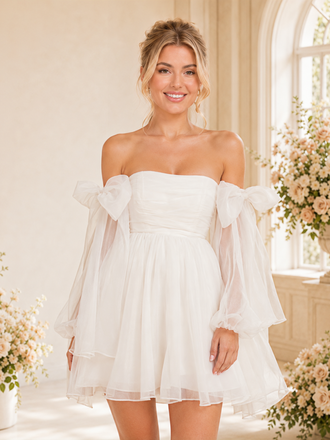 Chicsew Classy A Line Off The Shoulder Long Sleevels Bow Knot Mini Wedding Dress