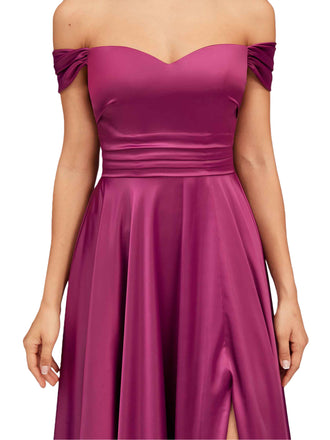 Elegant Off Shoulder A-Line Side Slit Soft Satin Long Bridesmaid Dresses