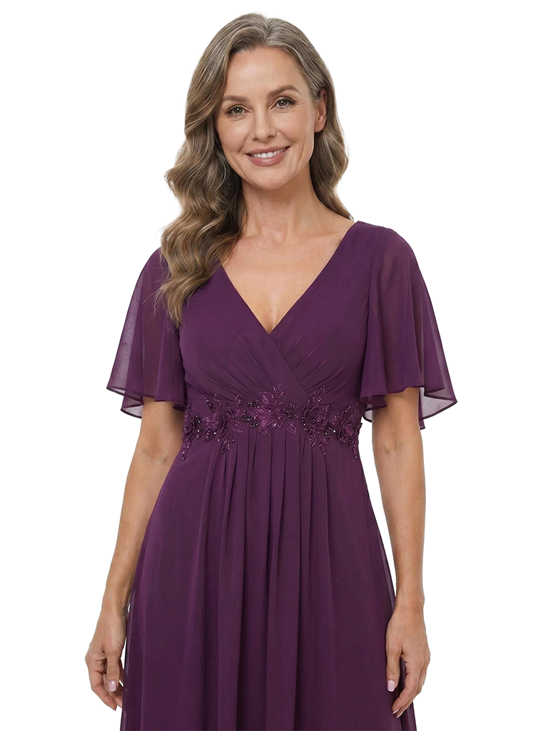ChicSew V-Neck Flutter Sleeve Beaded Lace Applique Chiffon Tea Length A-Line Mother of the Bride Dress