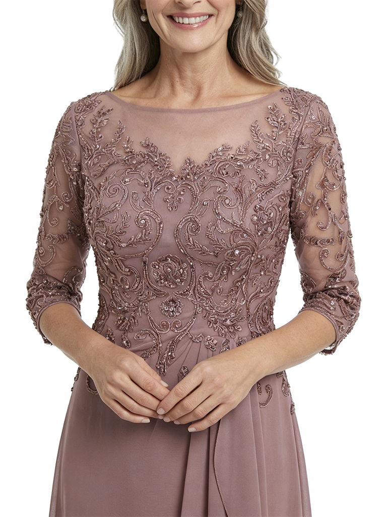 ChicSew Beautiful Illusion Lace Long Sleeve Chiffon Long Mother Of The Bride Dresses With Ruffle
