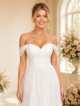 ChicSew Elegant A-line Off The Shoulder Midi Lace Tulle Wedding Dresses Online