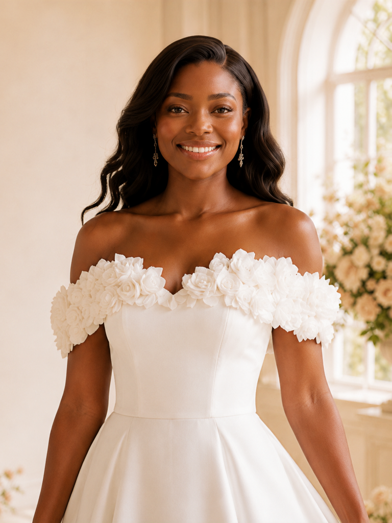 ChicSew Fancy Off The Shoulder A-Line Satin Maxi Wedding Dress With 3D Flowers