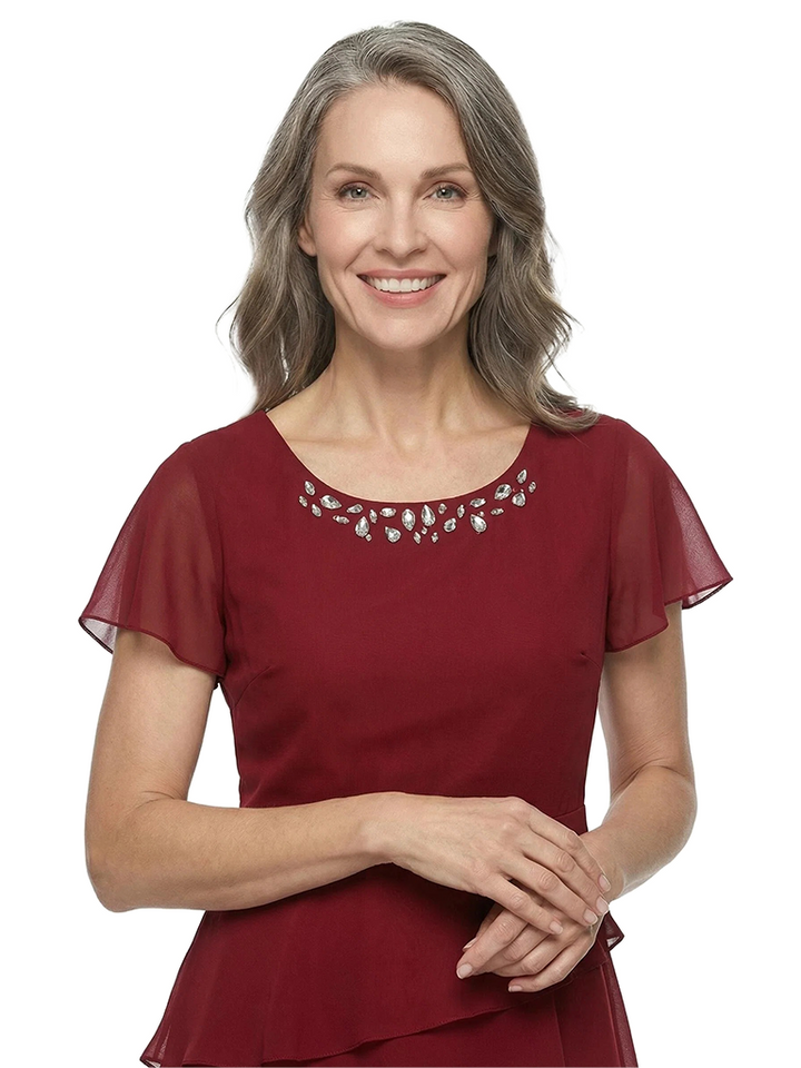 ChicSew Jewel Short Sleeve Beaded Neckline Layered Ruffle High Low Hem Tea Length Chiffon Casual Mother Of The Bride Dresses