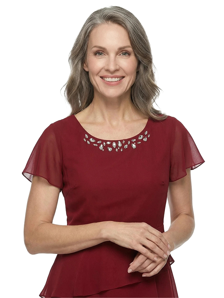 ChicSew Jewel Short Sleeve Beaded Neckline Layered Ruffle High Low Hem Tea Length Chiffon Casual Mother Of The Bride Dresses