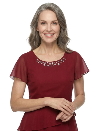 ChicSew Jewel Short Sleeve Beaded Neckline Layered Ruffle High Low Hem Tea Length Chiffon Casual Mother Of The Bride Dresses