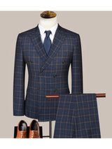 Dark navy Men's Casual 3 Piece Suit Plaid Notch Lapel Flat Tuxedos Set CN516