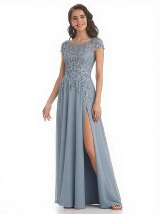 Elegant Chiffon Cap Sleeves A-Line Floor Length Mother Of The Bride Dresses With Slit