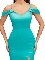 Sexy Cold Shoulder V-Neck Side Slit Mermaid Soft Satin Pretty Long Bridesmaid Dresses