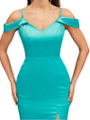 Sexy Cold Shoulder V-Neck Side Slit Mermaid Soft Satin Pretty Long Bridesmaid Dresses
