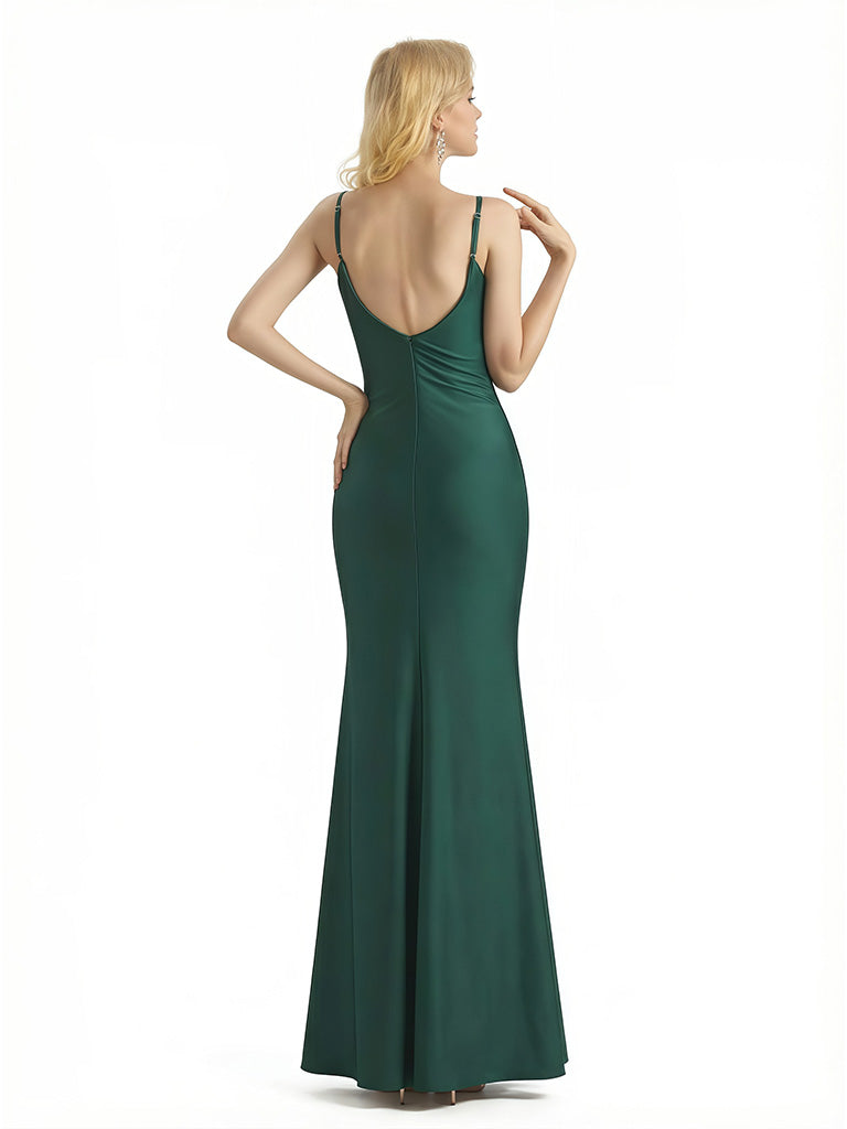 Sexy Spaghetti Straps V-neck Mermaid Jersey Long Formal Dresses For Women