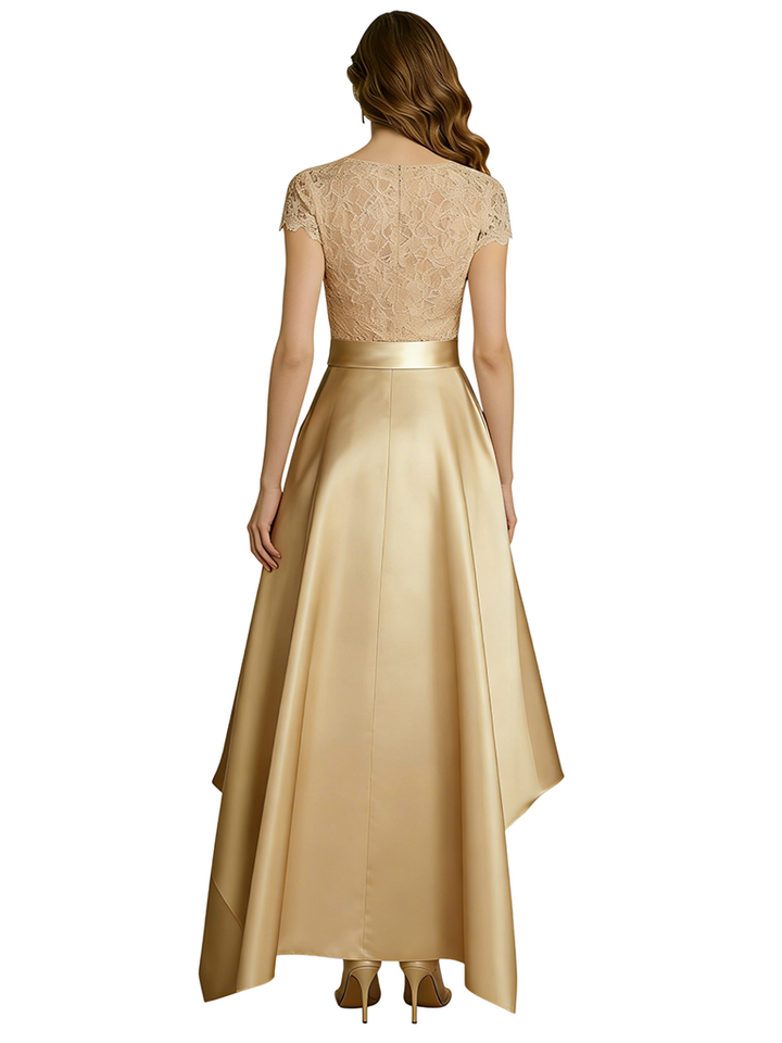 Elegant V-Neck Short Sleeves Lace A-Line High-Low Satin Mother Of The Bride Dresses