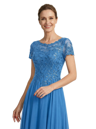 ChicSew Illusion Short Sleeve Lace Beaded A-Line Floor Length Chiffon Sophisticated Mother Of The Bride And Groom Dresses