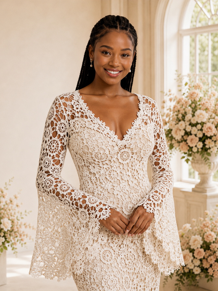 ChicSew Unique V-Neck Lace Appliques Long Sleeves Side Slit Maxi Mermaid Wedding Dress