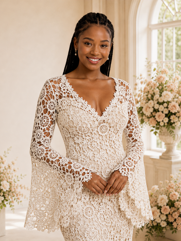 ChicSew Unique V-Neck Lace Appliques Long Sleeves Side Slit Maxi Mermaid Wedding Dress