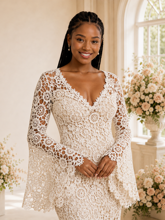ChicSew Unique V-Neck Lace Appliques Long Sleeves Side Slit Maxi Mermaid Wedding Dress