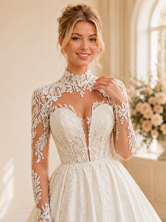 ChicSew Elegant High Neck Long Sleeve Lace Appliques Satin A-Line Long Wedding Dress