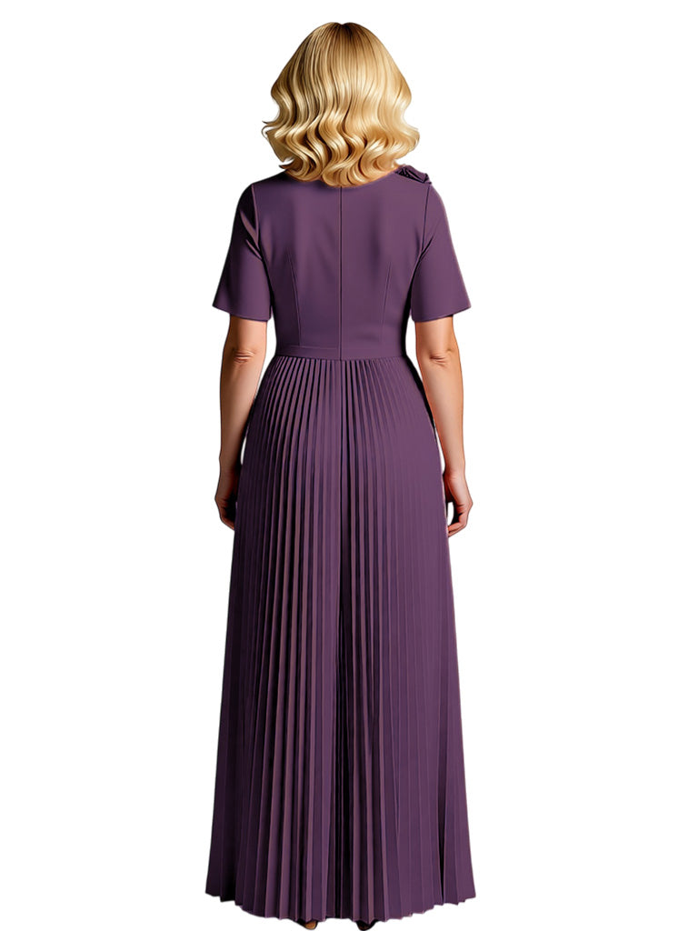 Elegant Scoop Half Sleeves A-line Chiffon Pleats Mother of the Brides Dresses