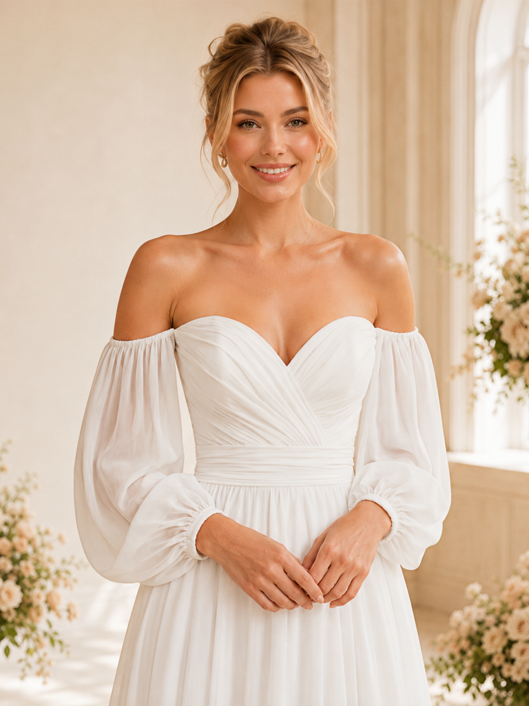 ChicSew Classy Sweetheart 3/4 Sleeves Chiffon A-Line Maxi Long Wedding Dress With Side Slit