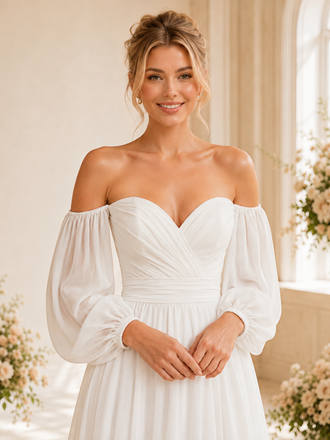 ChicSew Classy Sweetheart 3/4 Sleeves Chiffon A-Line Maxi Long Wedding Dress With Side Slit