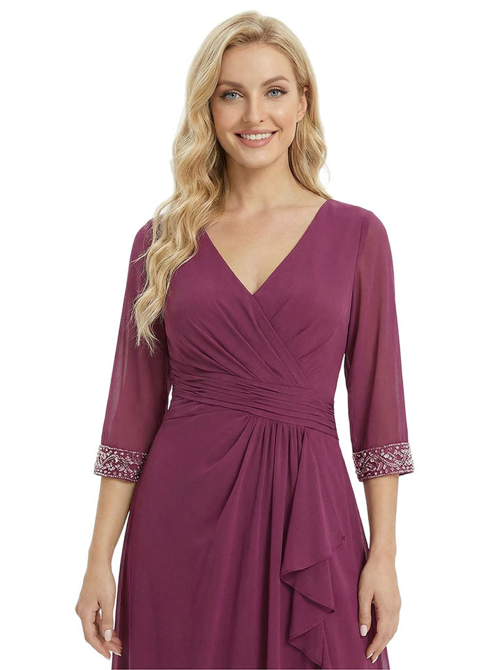 Elegant A-Line V-Neck Ruffles Side Slit 3/4 Sleeves Mother Of The Bride Dress Chiffon Gown