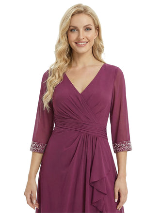 Elegant A-Line V-Neck Ruffles Side Slit 3/4 Sleeves Mother Of The Bride Dress Chiffon Gown