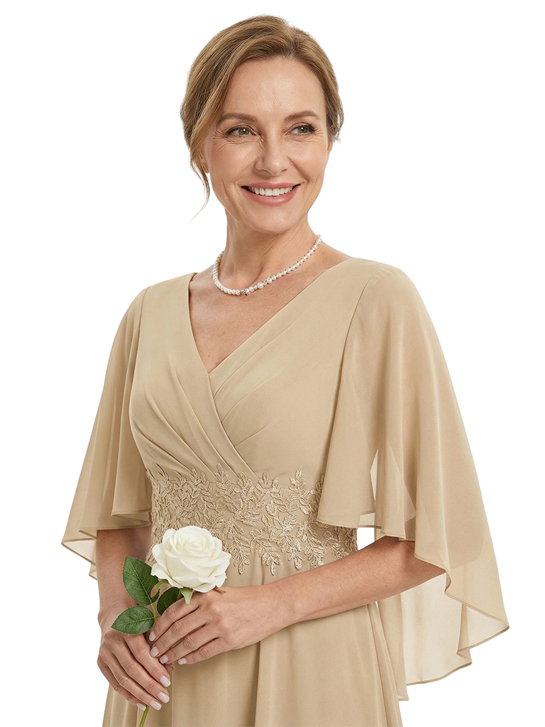 ChicSew Cape Sleeves V-Neck Lace Appliques Knee-Length Chiffon A-Line Mother Of The Groom Dress