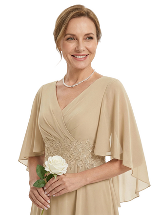 ChicSew Cape Sleeves V-Neck Lace Appliques Knee-Length Chiffon A-Line Mother Of The Groom Dress