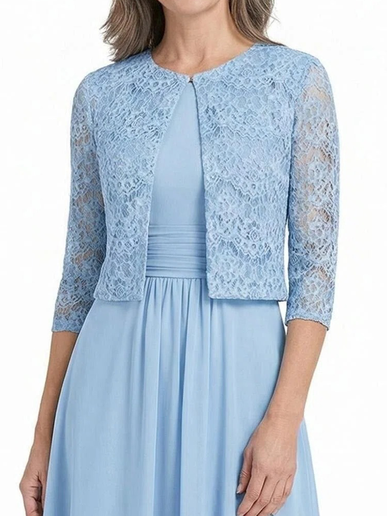 ChicSew Jewel Lace Chiffon Mother of The Bride Two Piece Tea-Length Dress with 3/4 Sleeves Jacket