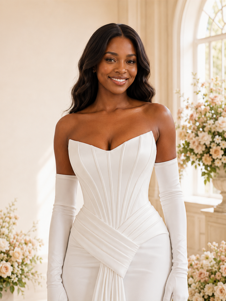 ChicSew Modern Strapless Boning Sleeveless Ruching Satin Mermaid Maxi Wedding Dress