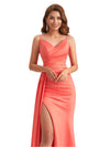 Elegant Silky Satin V-Neck Spaghetti Straps Mermaid Side Slit Ruched Long Bridesmaid Dresses Online