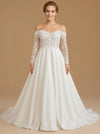 A-line Off Shoulder Long Sleeves Maxi Long Satin Wedding Dresses Online