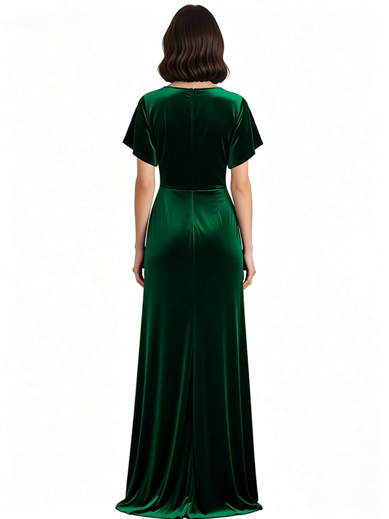 Elegant Scoop Short Sleeves Sid Slit Velvet Long Mother Of The Bride Dresses
