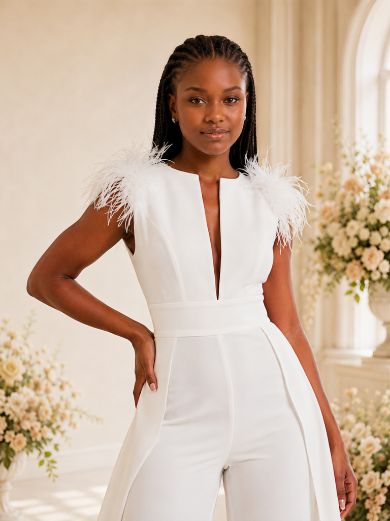 ChicSew Unique V-Neck Crepe Sleeveless Floor-Length Wedding Jumpsuit