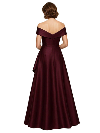 Elegant A-Line Off The Shoulder Satin Floor Length Evening Gown With Ruffle
