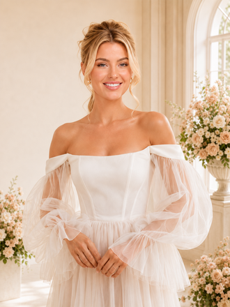 ChicSew Unique A-Line Off The Shoulder Long Sleeves Lace Tulle Maxi Long Wedding Dresses