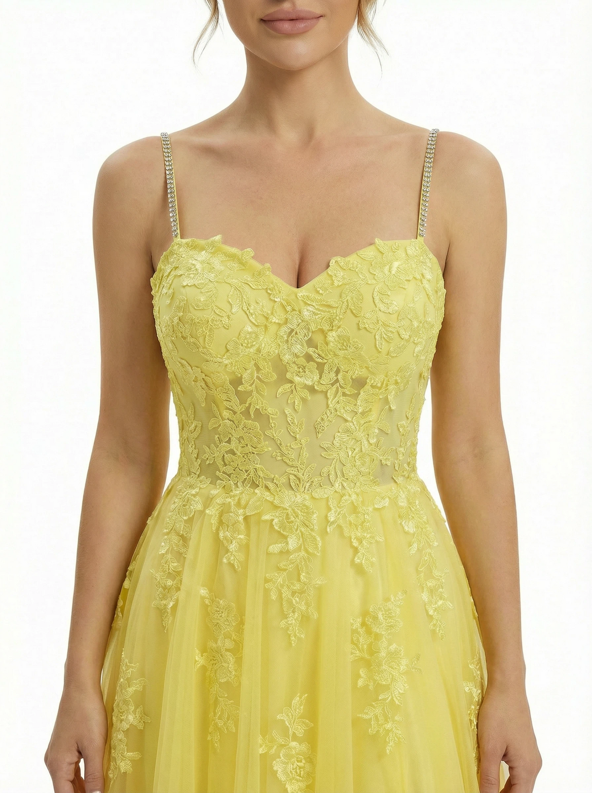Pretty Elegant Lace Corset Bodice Spaghetti Strap Tulle Prom Ball Gown With High Slit
