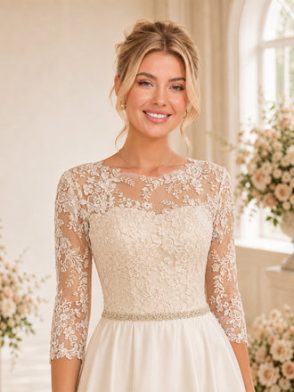 ChicSew Classic Bateau Lace 3/4 Sleeve Open Back Satin  A-Line  Wedding Dresses