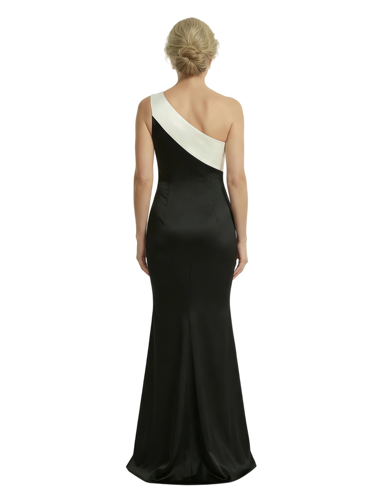 Elegant Black And White Satin One Shoulder Mermaid Long Mother Of The Bride Dresses